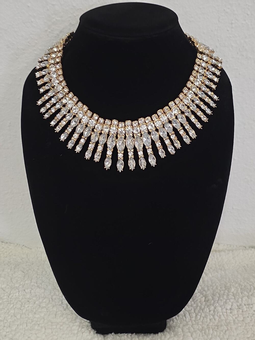 Regency Glam Statement Bib Necklace Cascading Marquise & Round Stones Gold Tone